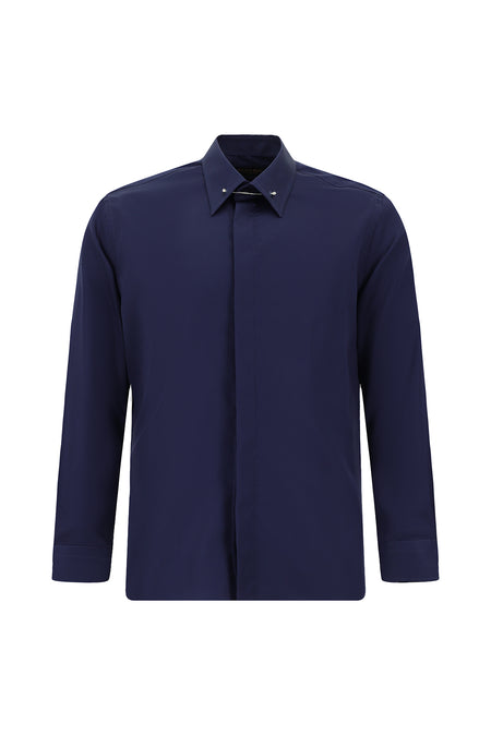 Orta Lacivert Uzun Kol Slim Fit Dar Kesim Klasik Non Iron Saten Pamuk Gömlek