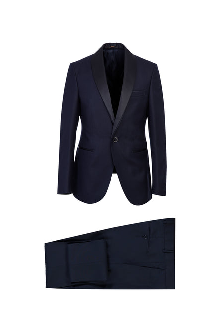 Koyu Lacivert Slim Fit Dar Kesim Şal Yaka Desenli Smokin & Damatlık