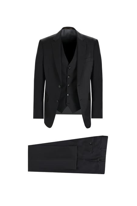 Siyah Slim Fit Dar Kesim Yelekli Yün Takım Elbise