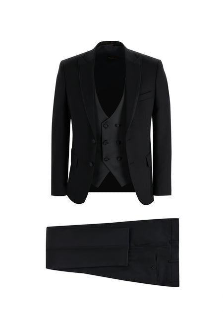 Siyah Slim Fit Dar Kesim Sivri Yaka Yelekli Smokin & Damatlık