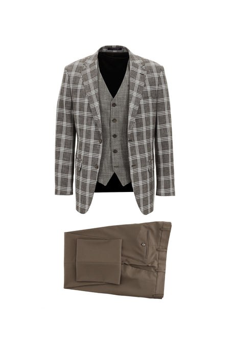 Acı Kahve Relaxed Fit Rahat Kesim Kombinli Yelekli Ekose Keten Takım Elbise