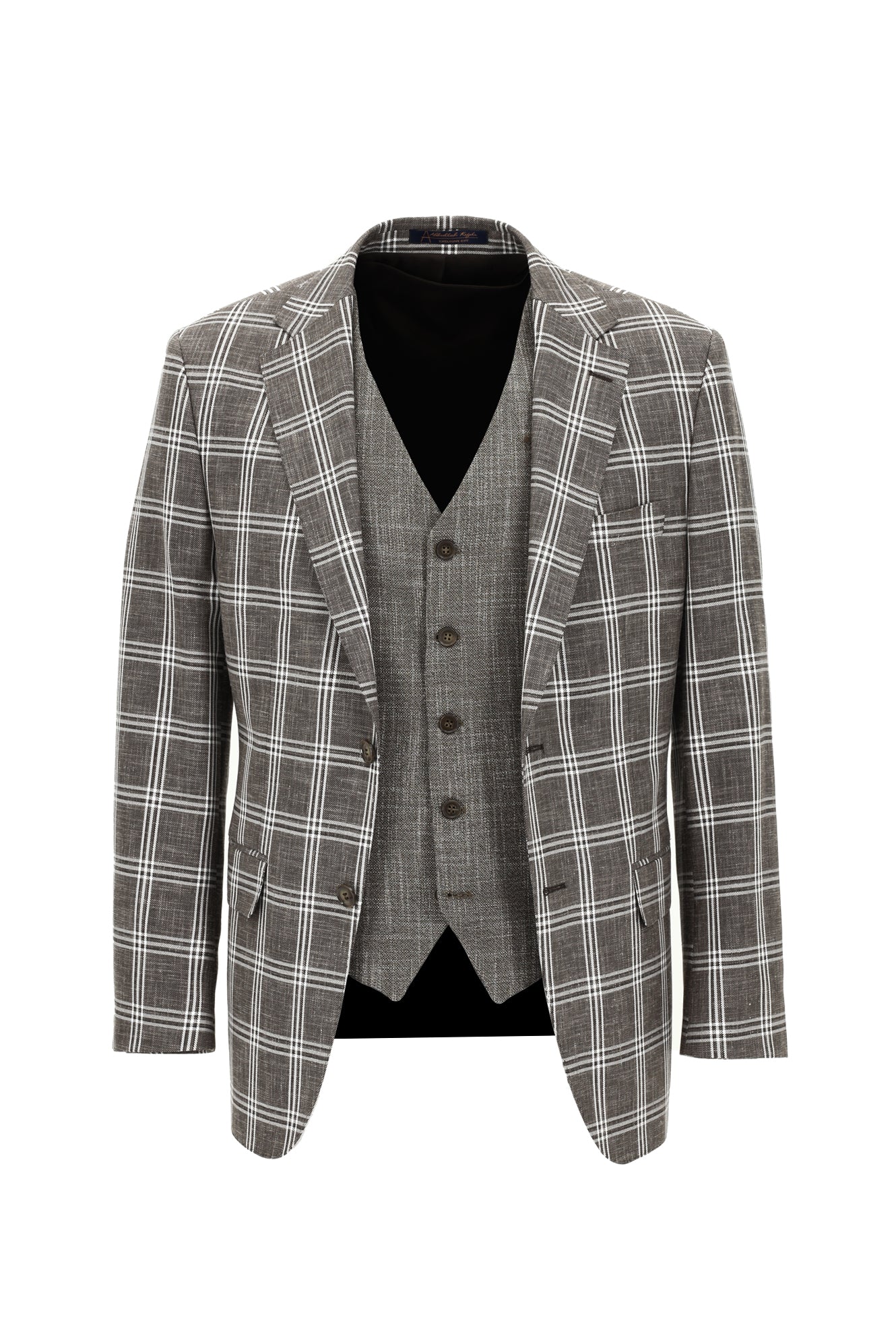 Acı Kahve Relaxed Fit Rahat Kesim Kombinli Yelekli Ekose Keten Takım Elbise