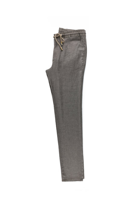 Orta Kahve Slim Fit Dar Kesim Beli Lastikli İpli Çizgili Pantolon
