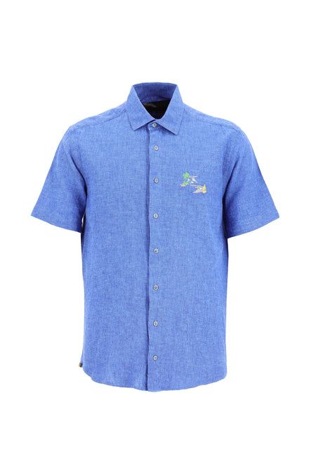 Koyu Mavi Kısa Kol Regular Fit Keten Gömlek