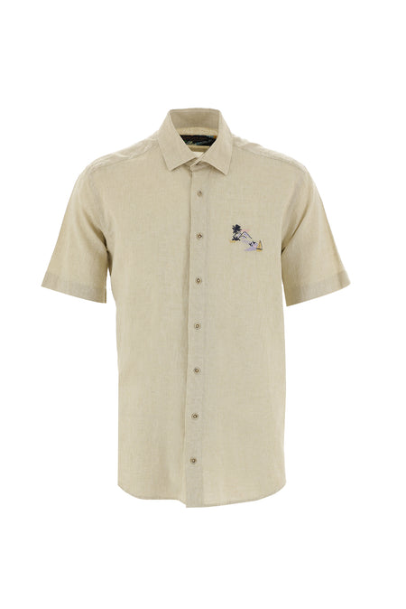 Açık Bej Kısa Kol Regular Fit Keten Gömlek