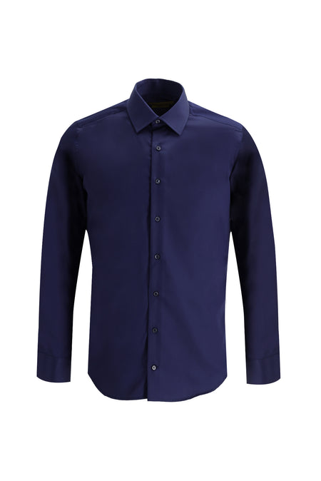 Koyu Lacivert Uzun Kol Slim Fit Dar Kesim Non Iron Saten Pamuk Gömlek