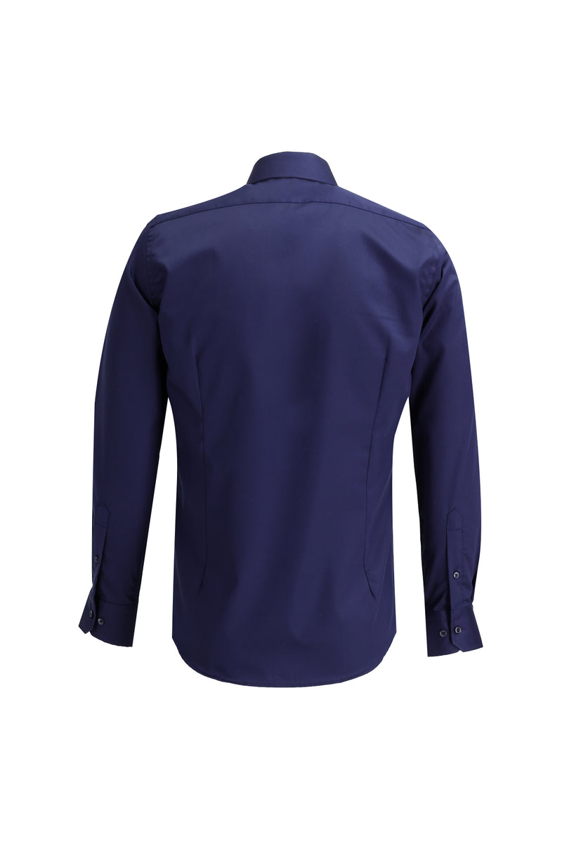 Koyu Lacivert Uzun Kol Slim Fit Dar Kesim Non Iron Saten Pamuk Gömlek