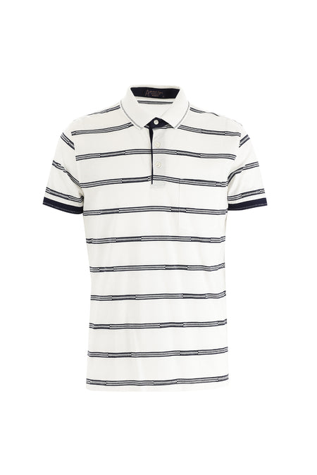 Beyaz Polo Yaka Regular Fit Çizgili Pamuk T-shirt