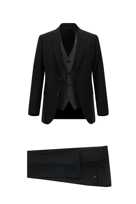Siyah Slim Fit Dar Kesim Kombinli Yelekli Takım Elbise