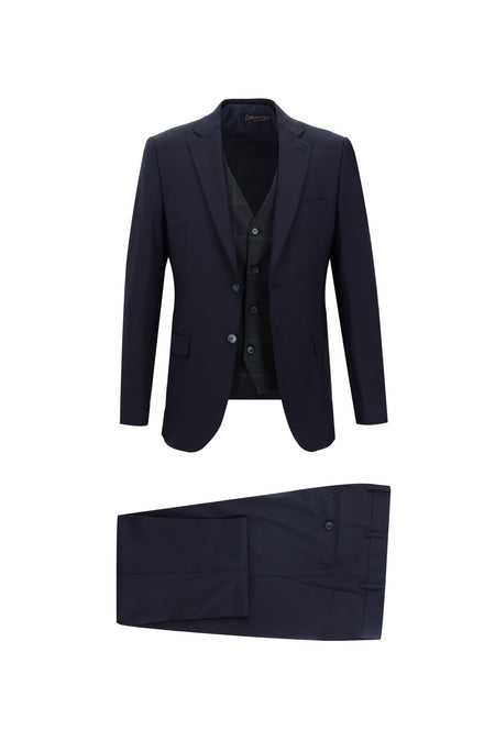 Koyu Lacivert Regular Fit Yünlü Kombinli Yelekli Takım Elbise