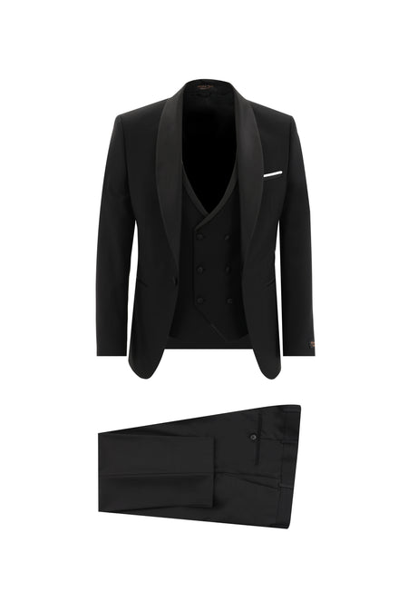 Siyah Slim Fit Dar Kesim Şal Yaka Yelekli Smokin & Damatlık