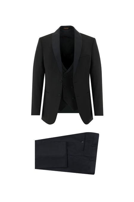 Siyah Slim Fit Dar Kesim Şal Yaka Yelekli Smokin & Damatlık