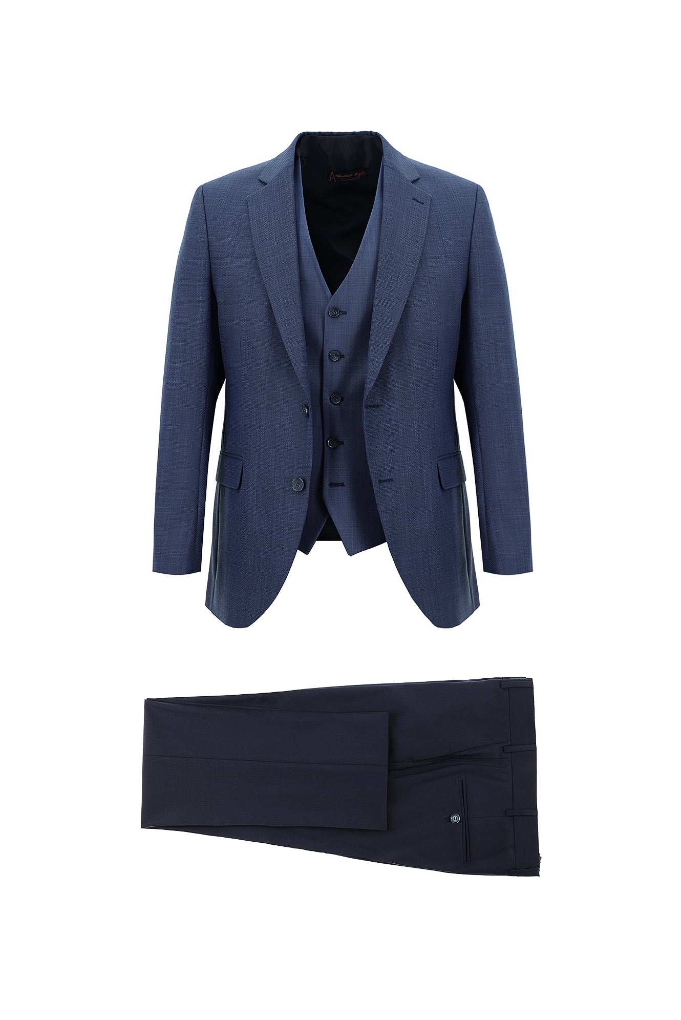 Mavi Slim Fit Dar Kesim Yünlü Kombinli Yelekli Takım Elbise