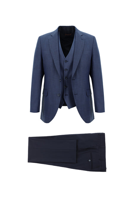 Mavi Slim Fit Dar Kesim Yünlü Kombinli Yelekli Takım Elbise