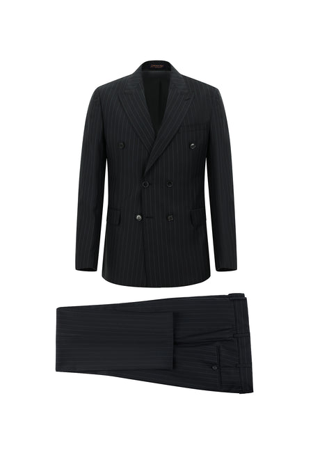 Siyah Slim Fit Dar Kesim Yünlü Çizgili Kruvaze Takım Elbise