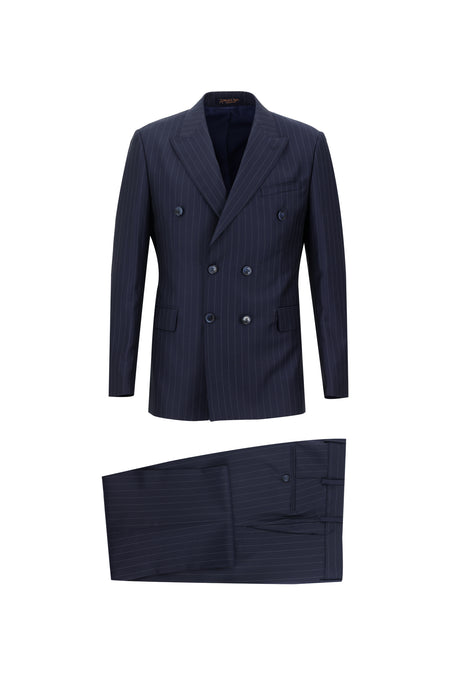 Koyu Lacivert Slim Fit Dar Kesim Yünlü Çizgili Kruvaze Takım Elbise