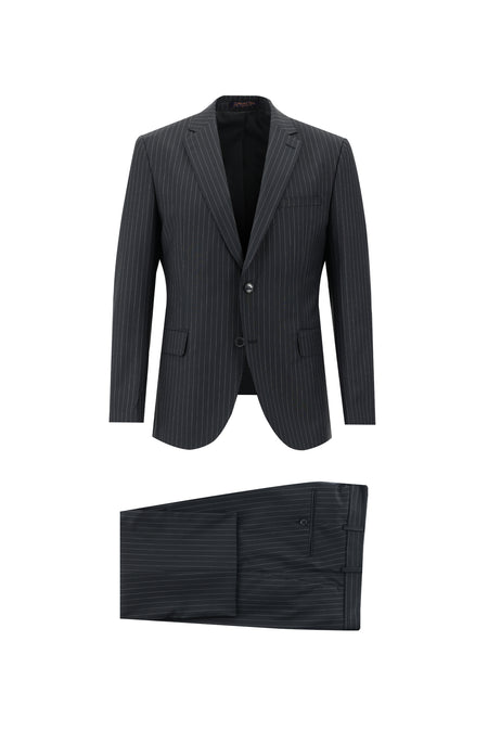 Siyah Slim Fit Dar Kesim Yünlü Klasik Çizgili Takım Elbise