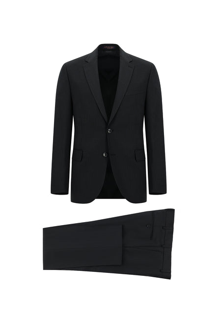 Siyah Slim Fit Dar Kesim Yünlü Klasik Çizgili Takım Elbise