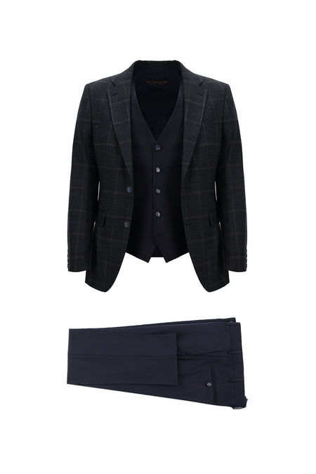 Koyu Lacivert Slim Fit Dar Kesim Yünlü Kombinli Yelekli Takım Elbise