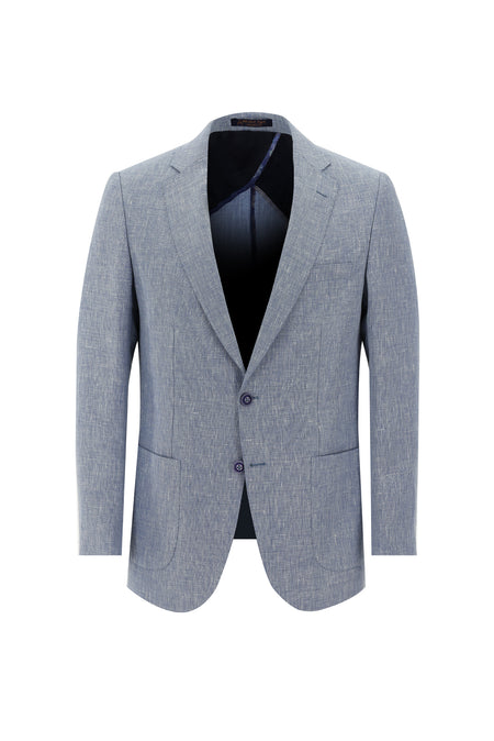 Koyu Mavi Regular Fit Desenli Keten Ceket