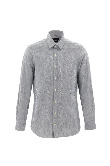 Siyah Uzun Kol Slim Fit Dar Kesim Desenli Keten Gömlek
