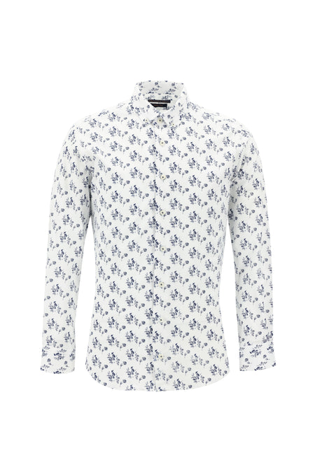 Beyaz Uzun Kol Slim Fit Dar Kesim Baskılı Pamuk Gömlek