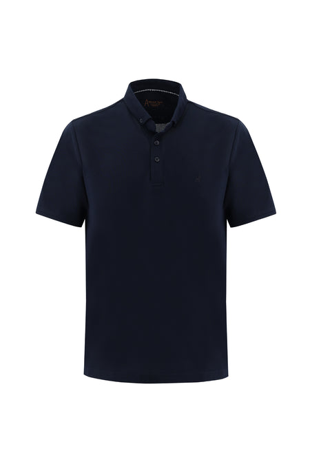 Orta Lacivert Polo Yaka Regular Fit Nakışlı T-shirt