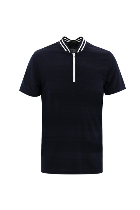 Orta Lacivert Hakim Yaka Slim Fit Dar Kesim Fermuarlı Desenli T-shirt