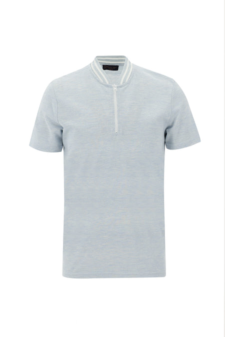 Uçuk Mavi Hakim Yaka Slim Fit Dar Kesim Fermuarlı Desenli T-shirt