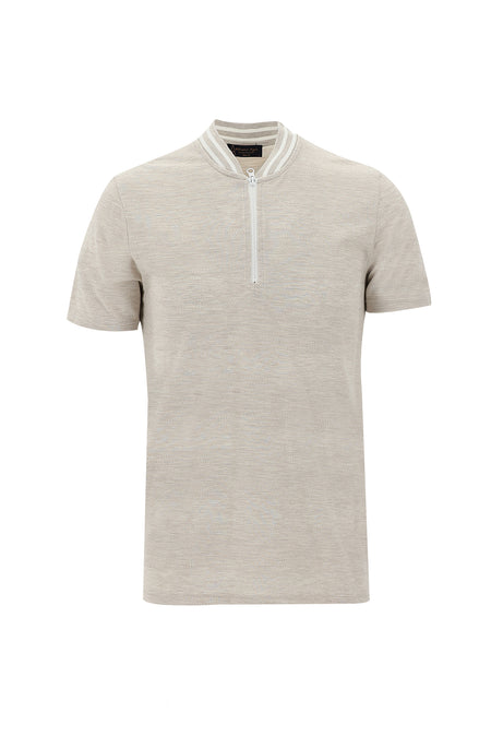 Açık Bej Hakim Yaka Slim Fit Dar Kesim Fermuarlı Desenli T-shirt