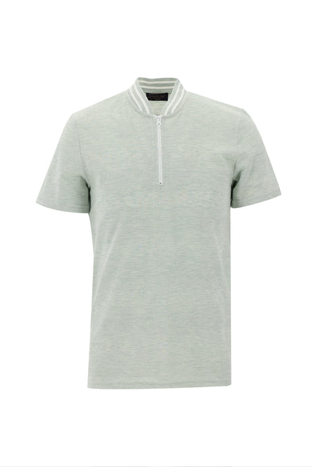 Su Yeşili Hakim Yaka Slim Fit Dar Kesim Fermuarlı Desenli Pamuklu T-shirt