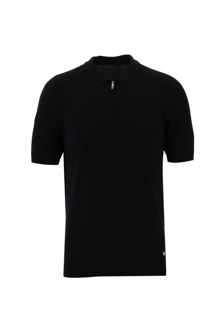 Siyah Polo Yaka Slim Fit Dar Kesim Fermuarlı T-shirt