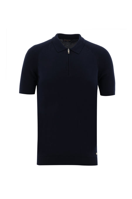 Orta Lacivert Polo Yaka Slim Fit Dar Kesim Fermuarlı Desenli T-shirt
