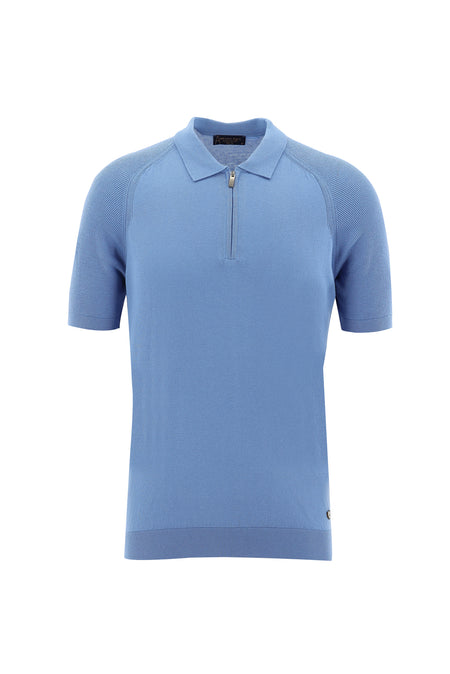 Havacı Mavi Polo Yaka Slim Fit Dar Kesim Fermuarlı Desenli T-shirt