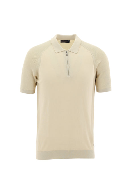 Orta Bej Polo Yaka Slim Fit Dar Kesim Fermuarlı Desenli T-shirt