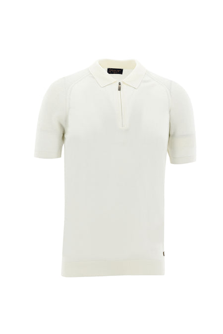 Ekru Polo Yaka Slim Fit Dar Kesim Fermuarlı Desenli T-shirt