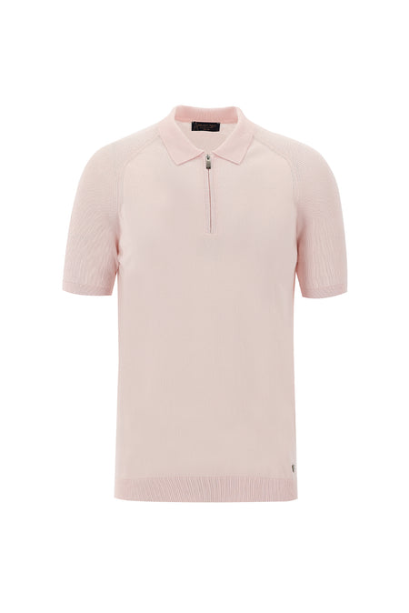 Toz Pembe Polo Yaka Slim Fit Dar Kesim Fermuarlı T-shirt