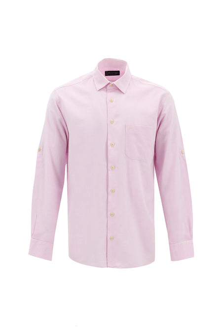 Toz Pembe Uzun Kol Slim Fit Dar Kesim Spor Pamuklu Keten Karışımlı Gömlek