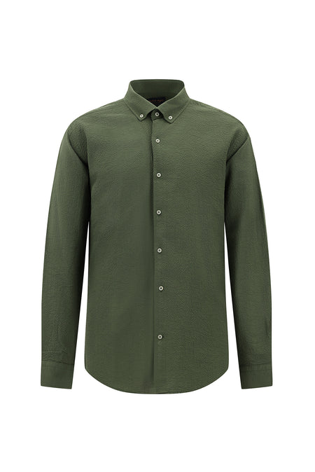 Koyu Haki Uzun Kol Slim Fit Dar Kesim Gofre Pamuklu Gömlek