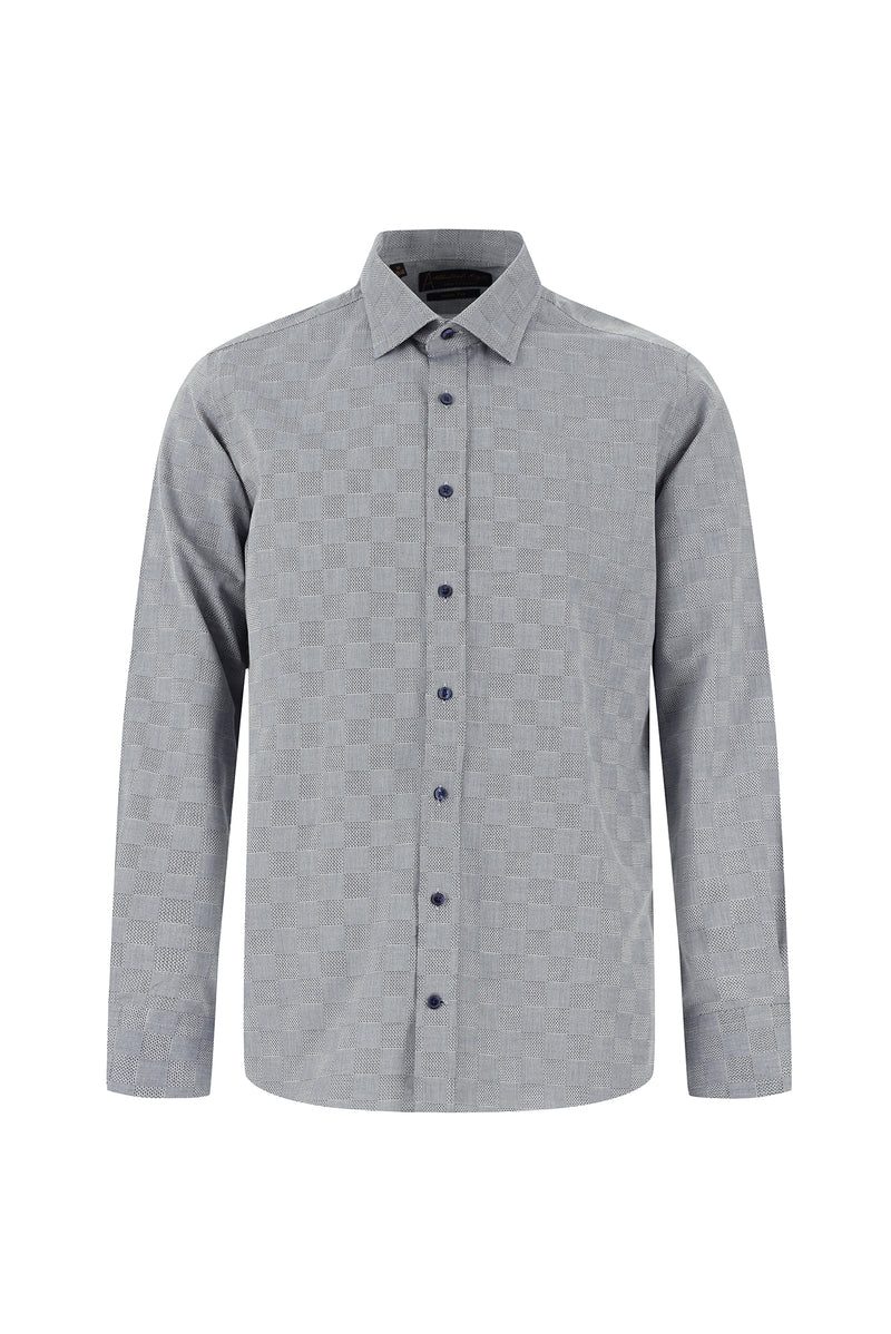 Koyu Lacivert Uzun Kol Slim Fit Dar Kesim Desenli Pamuk Gömlek