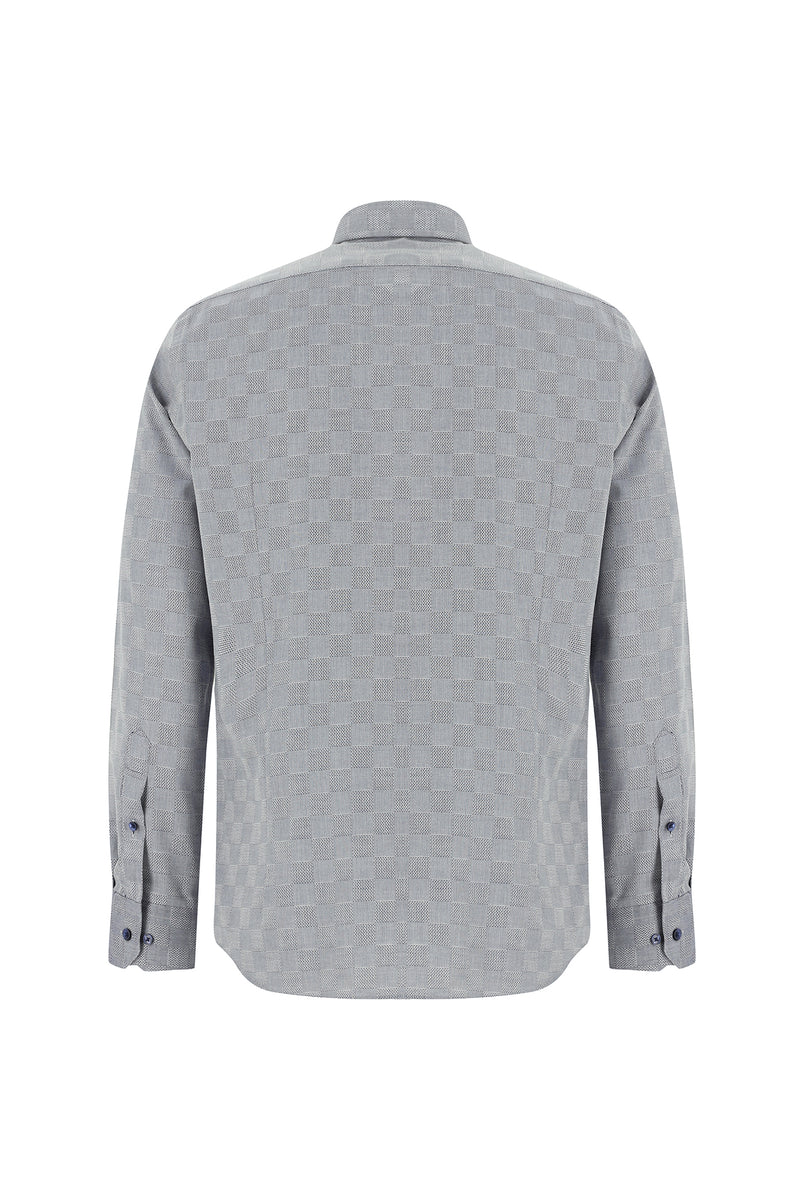 Koyu Lacivert Uzun Kol Slim Fit Dar Kesim Desenli Pamuk Gömlek