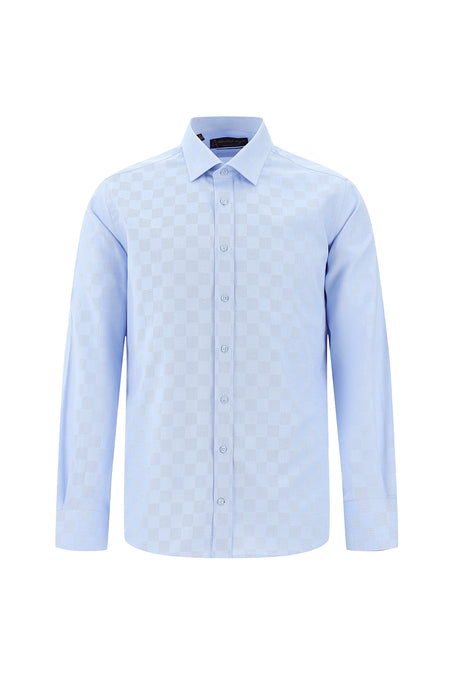 Açık Mavi Uzun Kol Slim Fit Dar Kesim Desenli Pamuk Gömlek