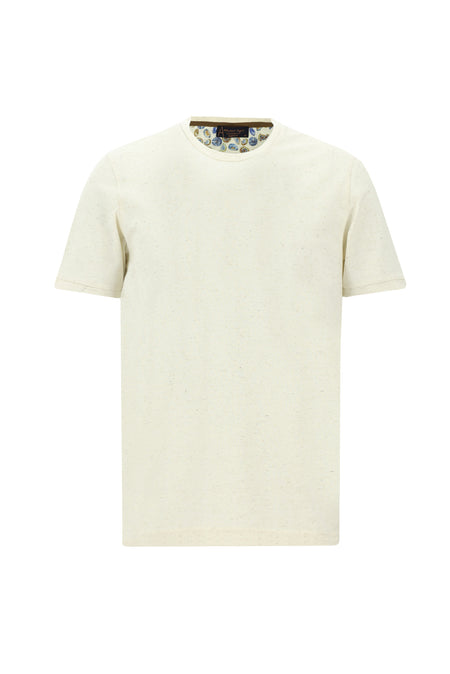 Açık Bej Bisiklet Yaka Regular Fit Desenli Pamuklu Keten T-shirt