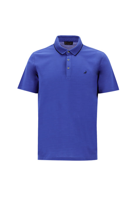 Kobalt Mavi Polo Yaka Regular Fit Nakışlı Merserize Pamuk T-shirt