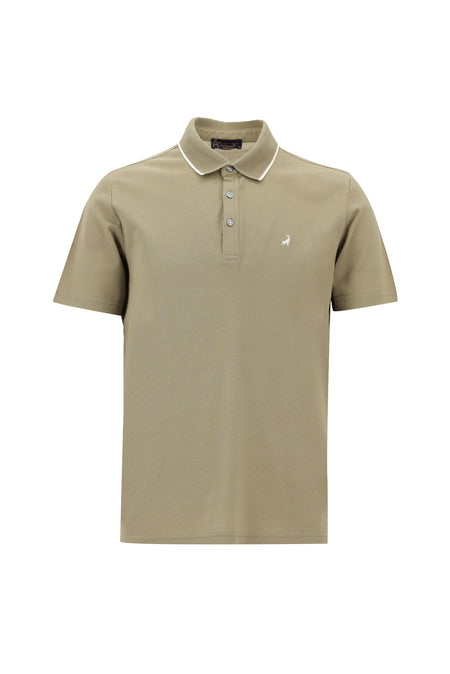 Koyu Bej Polo Yaka Regular Fit Nakışlı Merserize Pamuk T-shirt