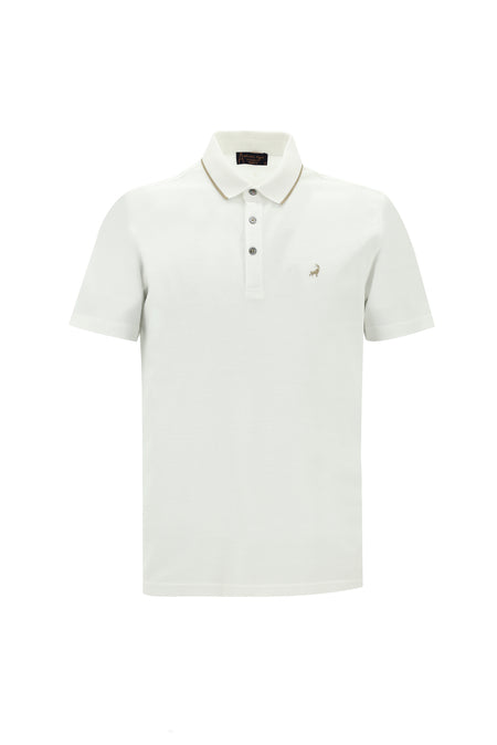 Beyaz Polo Yaka Regular Fit Nakışlı Merserize Pamuk T-shirt