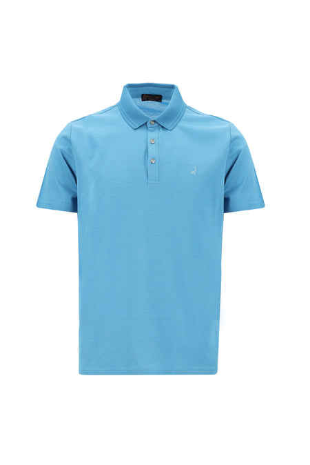 Orta Turkuaz Polo Yaka Regular Fit Nakışlı Merserize Pamuk T-shirt