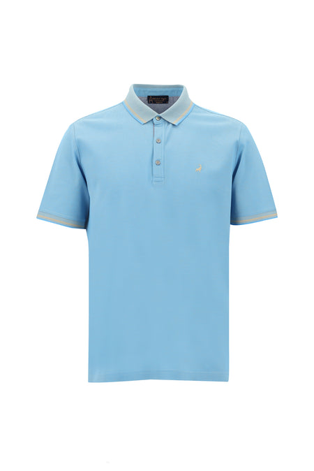 Orta Turkuaz Polo Yaka Regular Fit Nakışlı Merserize Pamuk T-shirt