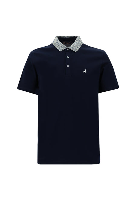 Koyu Lacivert Polo Yaka Slim Fit Dar Kesim Desenli Nakışlı Merserize Pamuk T-shirt