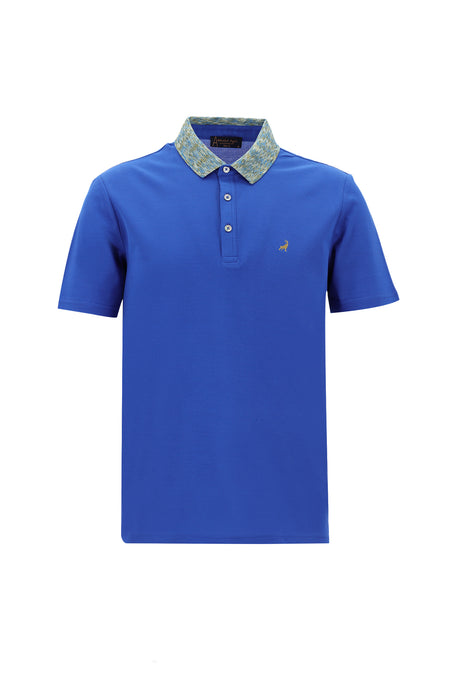 Saks Mavi Polo Yaka Slim Fit Dar Kesim Desenli Nakışlı Merserize Pamuk T-shirt